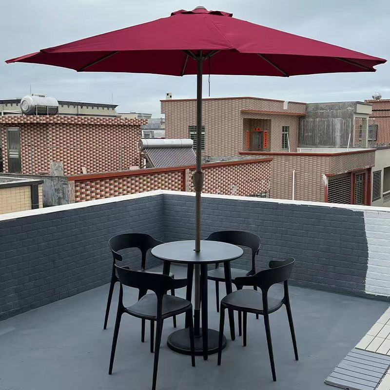 [우산 포함] 의자 4개 + 70cm 탄소강 원형 테이블 + 빨간색 중간 기둥 우산