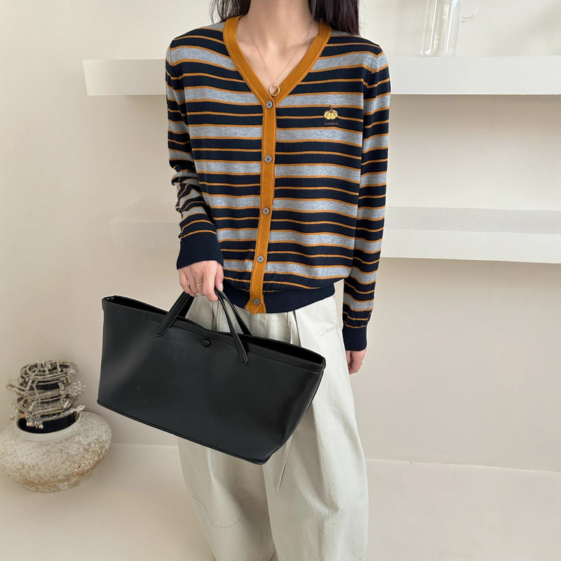 Puyuan Fine Wool Stripesd V-Neck Cardigan Pumpkin Knitwear Elegant Autumn and Winter New Simple Korean Style Women's Clothing