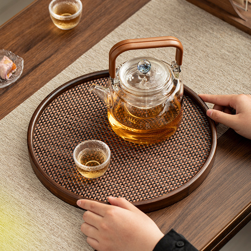 家用简约仿竹编圆形收纳托盘办公干泡茶功夫茶具道配件竹托盘