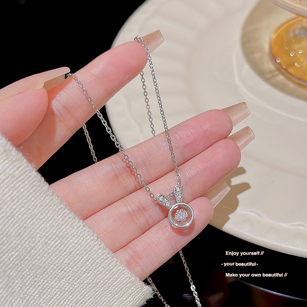 6g Weight PVD Coated Gold Plating Process Wholesale Jewelry Cute Rabbit Titanium Steel Inlaid Zircon Pendant Necklace