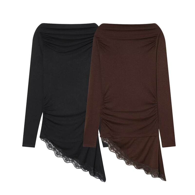 Pb&Za Women's 2026 Spring New Fashion Boat Neck Long Sleeve Asymmetrical Hem Lace T-Shirt 0085852