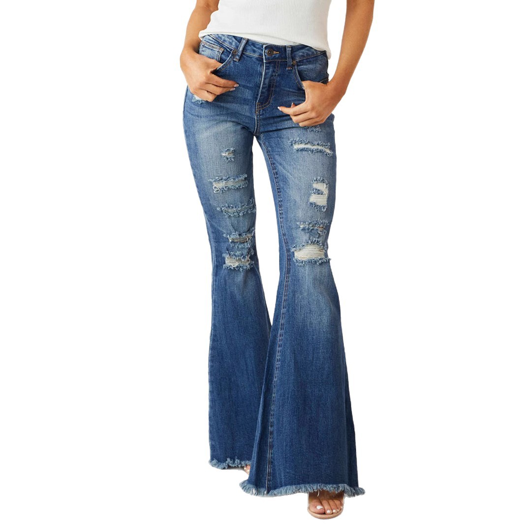 Jeans Acampanados para Mujer de Mezclilla de Algodón, Cintura Media, Alta Elasticidad, con Rotos, para Uso Diario