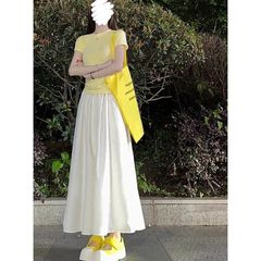 フレンチホワイトスカートレディース夏新作ハイウエスト気質ドレーププリーツスカートミドル丈ロングスカート