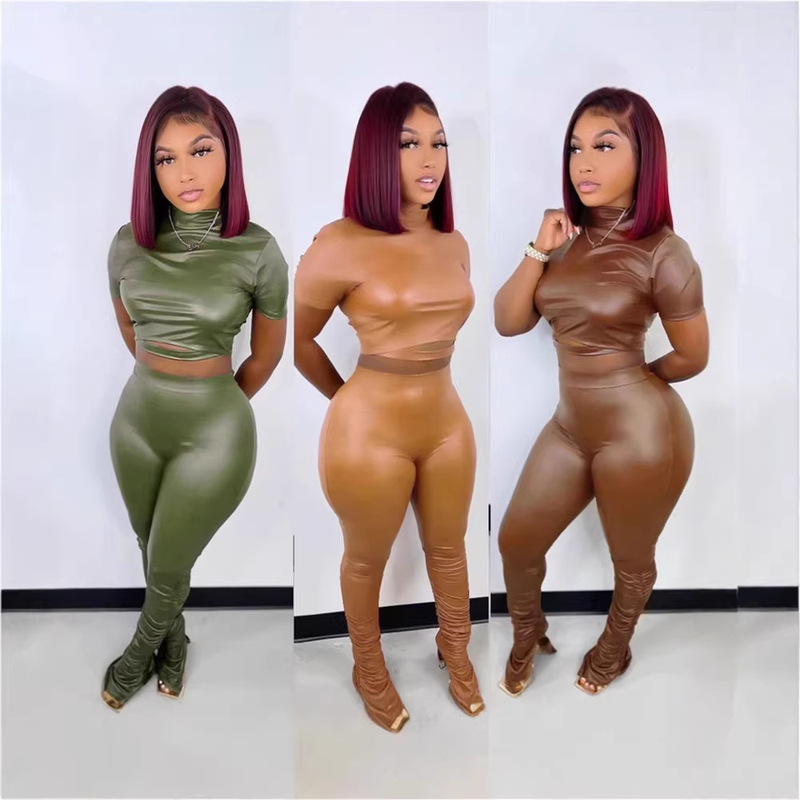 Cross-Border Foreign Trade Women's Clothing, Tight-Fitting Elastic Pu Leather Pants Set, Waist-Exposing Tight-Fitting Sexy Elastic Pants, New Spring Style Cross-Border Foreign Trade Women's Clothing, Tight-Fitting Elastic Pu Leather Pants Set, Waist-Exposing Tight-Fitting Sexy Elastic Pants, New Spring Style
