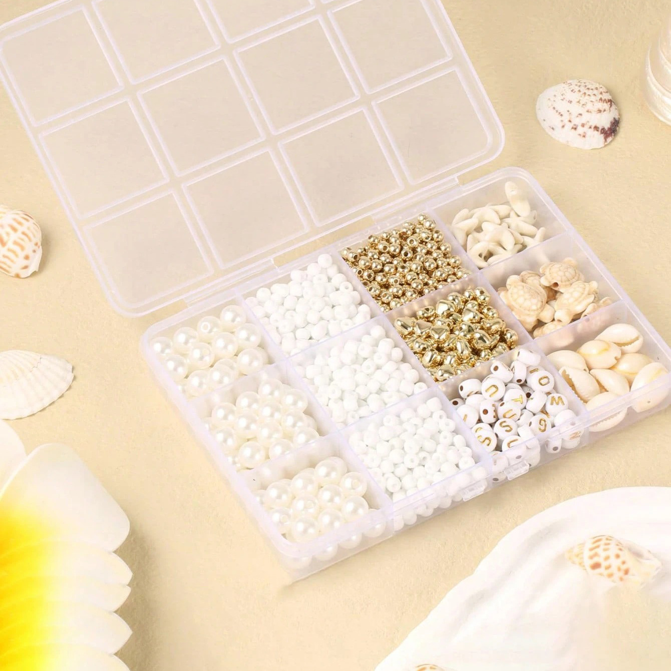 Cross-Border Hot Selling 12/15/24 Compartment Abs Imitation Pearl Box Set with Gold Spacer Beads, Shell, and Starfish DIY Jewelry Accessories