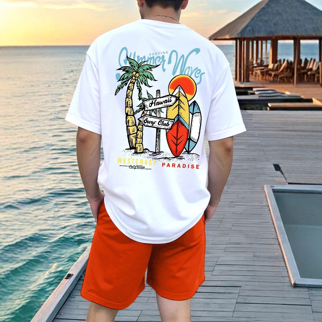 Men's Casual Style T-Shirt Short Sleeve Round Neck Street Style Printed Letter Breathable Summer Soft Set Los Angeles Theme_viptrois.com