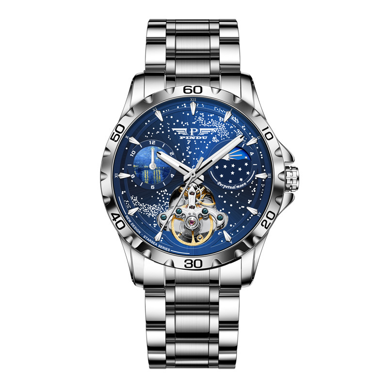 Đồng hồ cơ nam Star Sea 6556 tự động, chống thấm nước, phát sáng — Dây thép mặt xanh vỏ bạc 6556, 6556 bạc xanh lam thắt lưng, 6556 bạc đen thắt lưng, 6556 dây thép mặt đen vỏ bạc