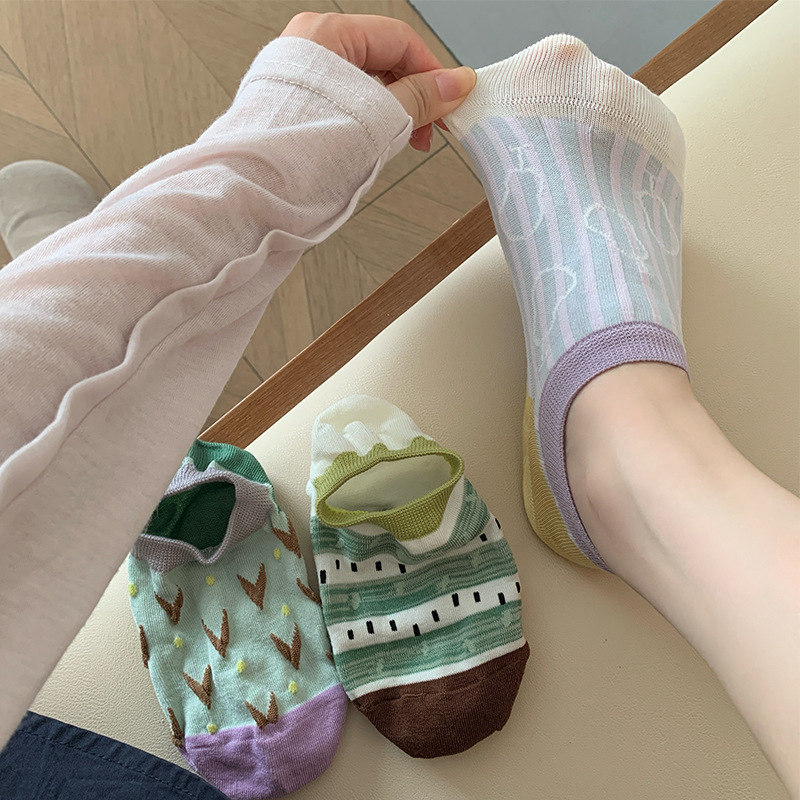 Dopamine-Colored Boat Socks for Women, Cute Color-Blocked Plaid Non-Slip No-Show Socks, Thin Summer Style Invisible Boat Socks