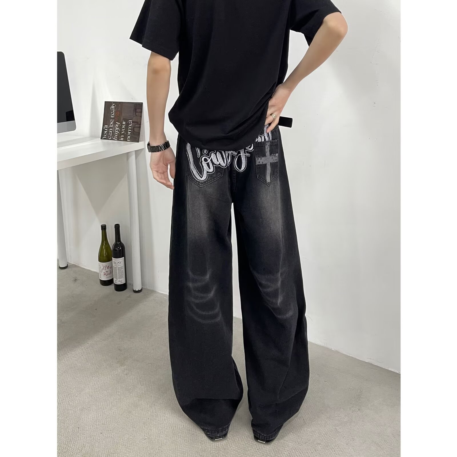 Men's American Vintage Black Saber-Cut Jeans – High Street Drop-Crotch Wide Leg Pants (S-3XL, Heavyweight Washed Denim)_mkmklike.com