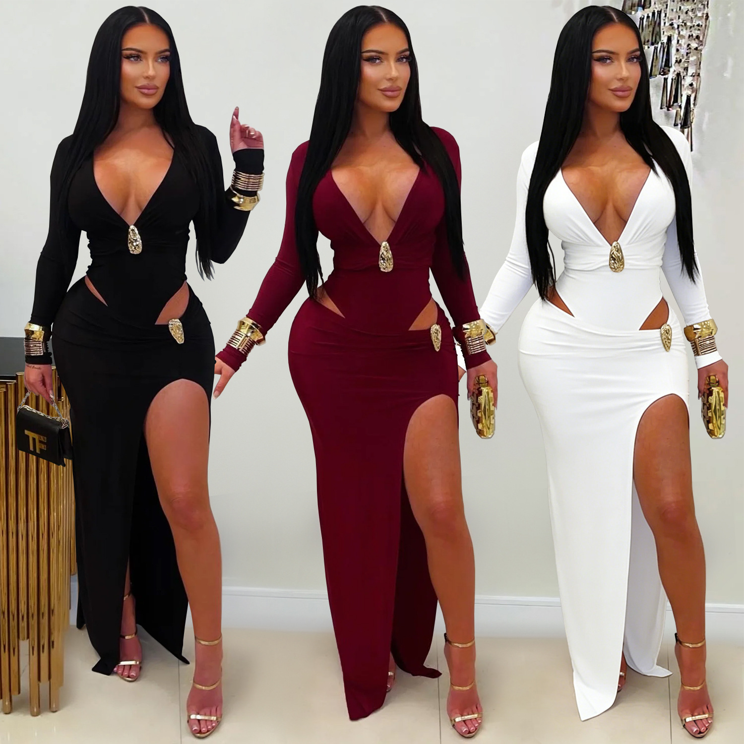 C7631 Aliexpress transfronterizo Amazon Europa y América moda de mujer sexy cuello v color sólido vestido de mangas largas de cadera