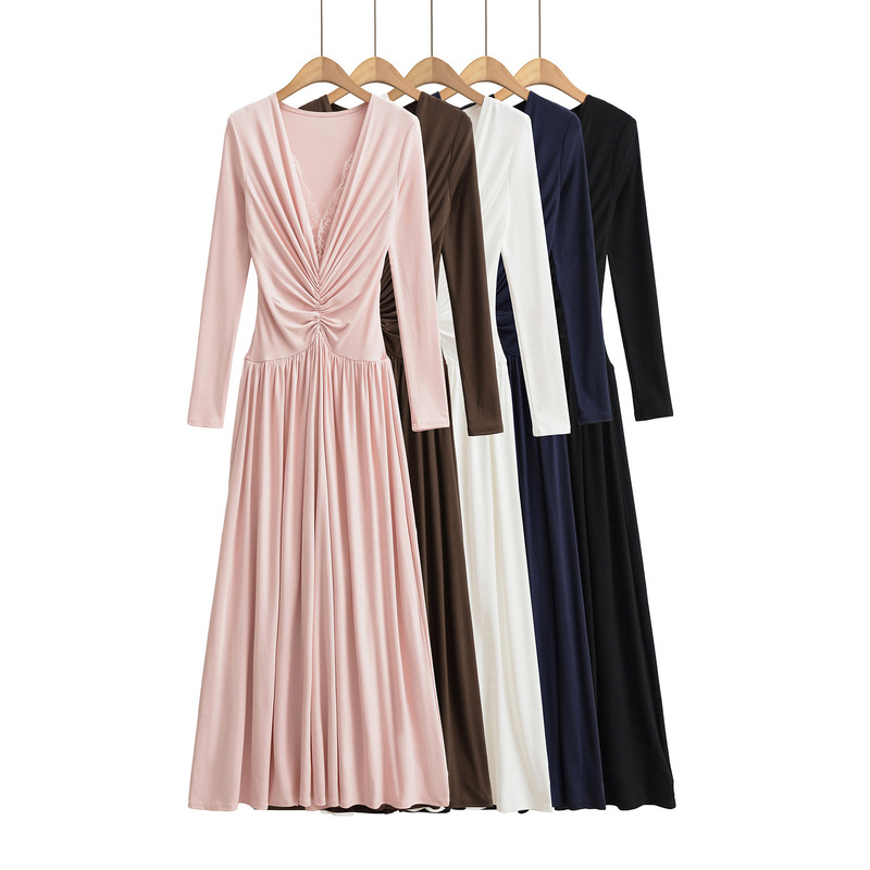French-Style Spicy Girl Sexy Deep V-Neck Long-Sleeve Dress with High-Waisted Lace Splicing, Slim-Fit Ruched Design, and Flared Long Skirt French-Style Spicy Girl Sexy Deep V-Neck Long-Sleeve Dress with High-Waisted Lace Splicing, Slim-Fit Ruched Design, and Flared Long Skirt