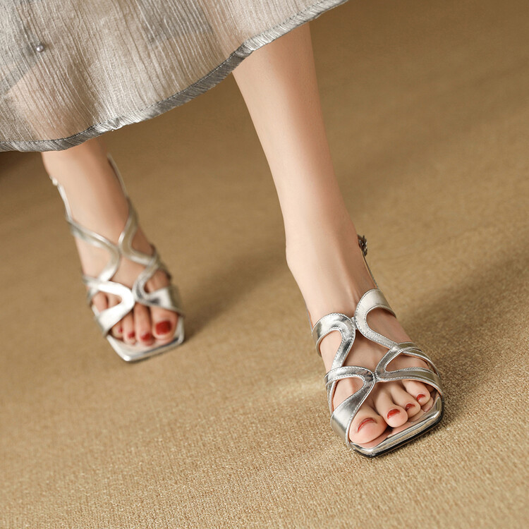 Sandal cao gót nữ da thật mũi vuông hở mũi gót thô 9 cm — Màu vàng, Màu bạc chi tiết 19