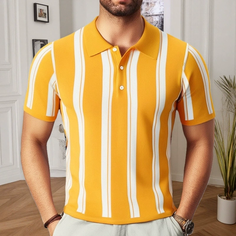 Новинка лета в европейском и американском стиле, облегающий свитер в полоску с короткими рукавами и лацканами, мужская деловая рубашка-поло, мужская деловая рубашка-поло SY0010