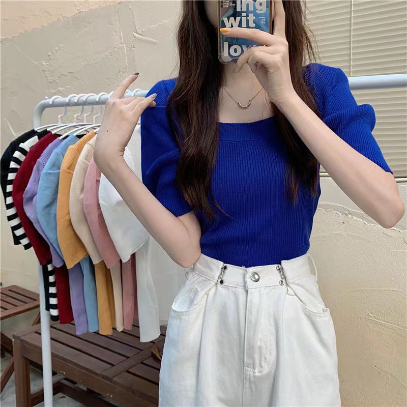 Square collar puff sleeve sweet cute sweater Women's Spring short slimming short sleeve design sense niche top women's fashion