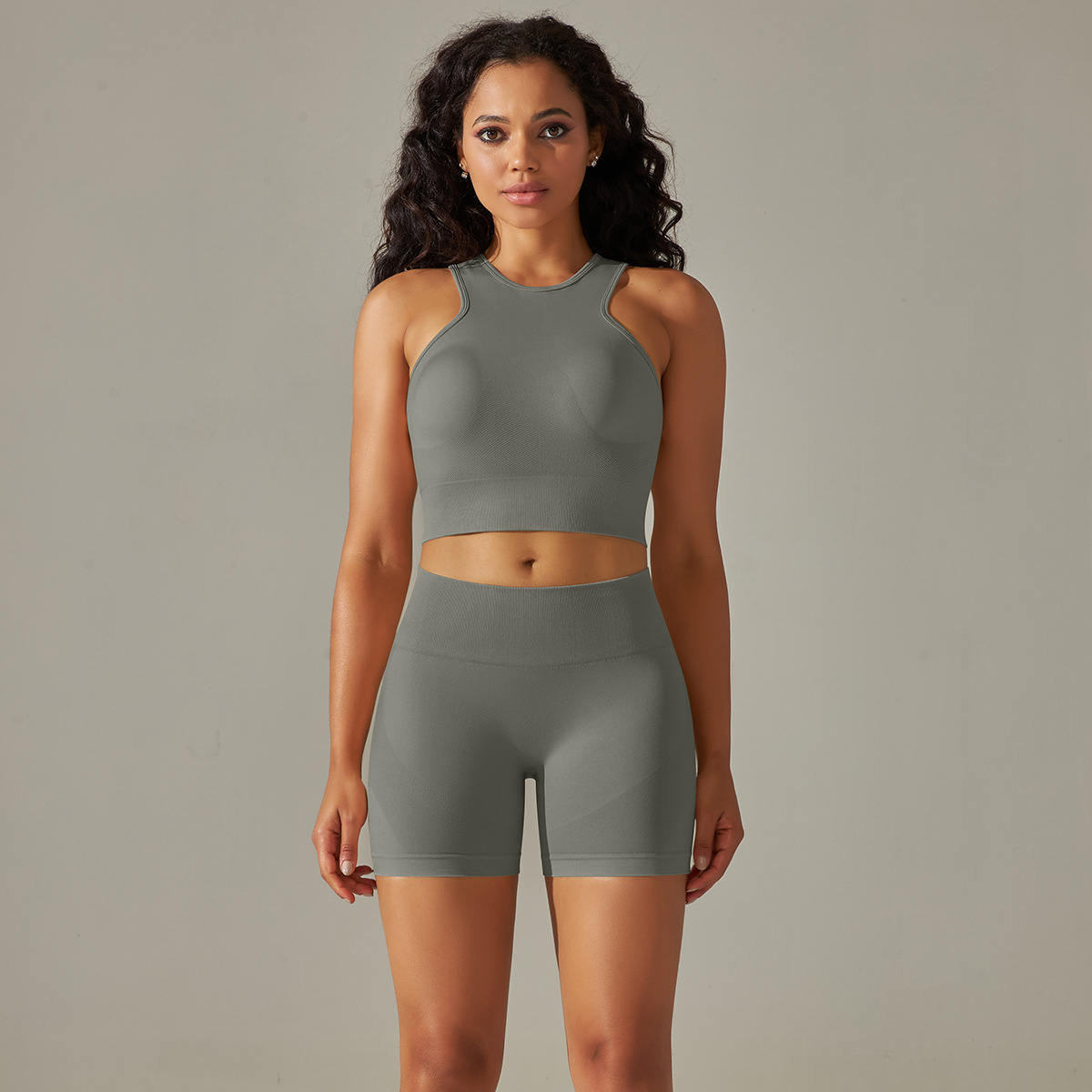 Seamless Peach Five-Piece Solid Color High-Waist Tight Jacquard Back Bra Vest Yoga Pants Set_voghion.com