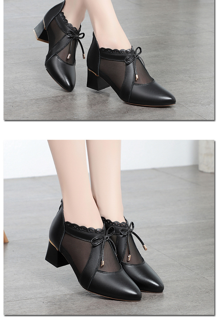 Dép sandal nữ quai chữ V mũi kín da thật gót dày — Màu be chi tiết 5