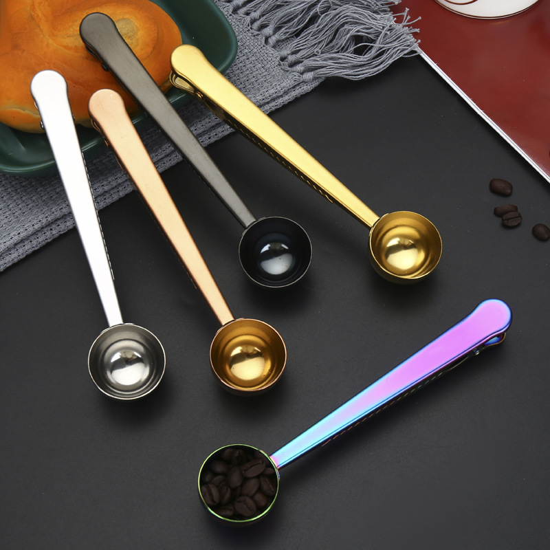 430 de acero inoxidable cuchara de leche en polvo clip de sellado bolsa de cuchara clip de sellado multifuncional dos en uno café con clip cuchara medidora