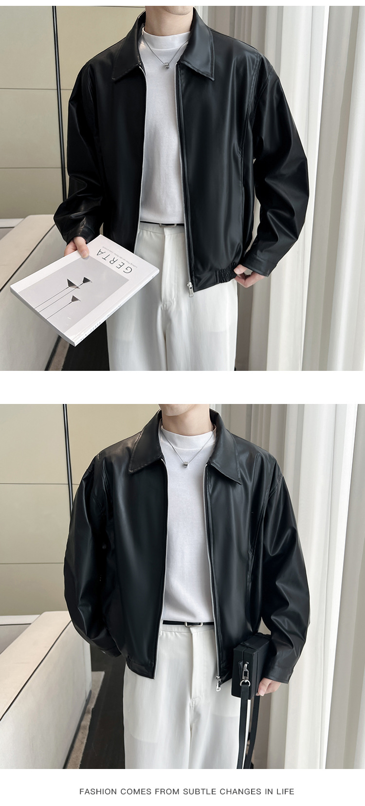 Men's Leather Jacket Black Loose Lapel Pu Leather Biker Style_voghion.com
