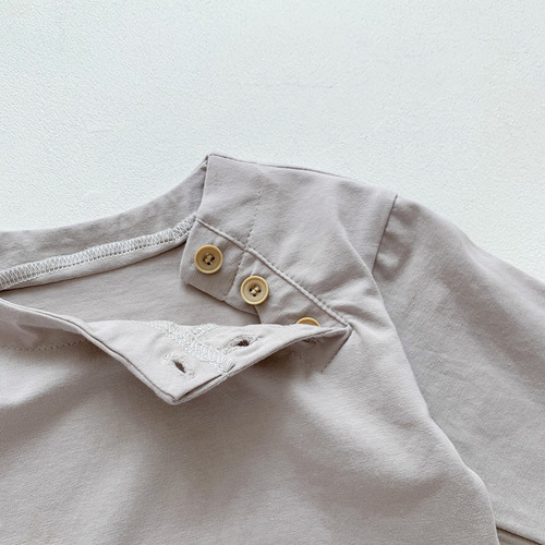  New Children's Solid Color Korean Style Baby Spring Item for Both Boys and Girls Round Neck Open Shoulder Button Collar T-shirt Base Layer Outerwear