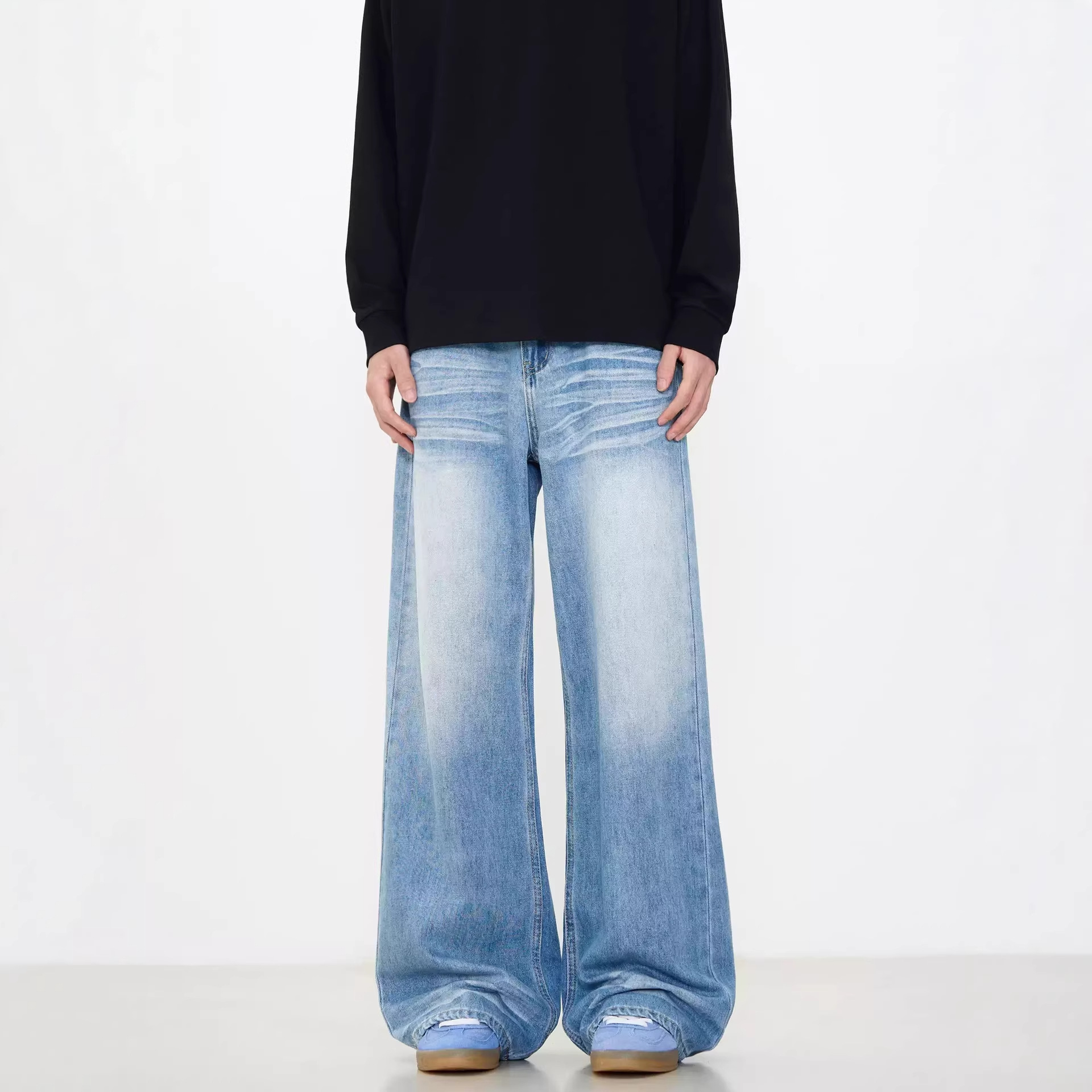 Men's Clothing Unisex American Style CleaAfit Distressed Denim Jeans Vintage Washed Floor Length Loose Straight Leg Wide Leg Trousers_mkmklike.com