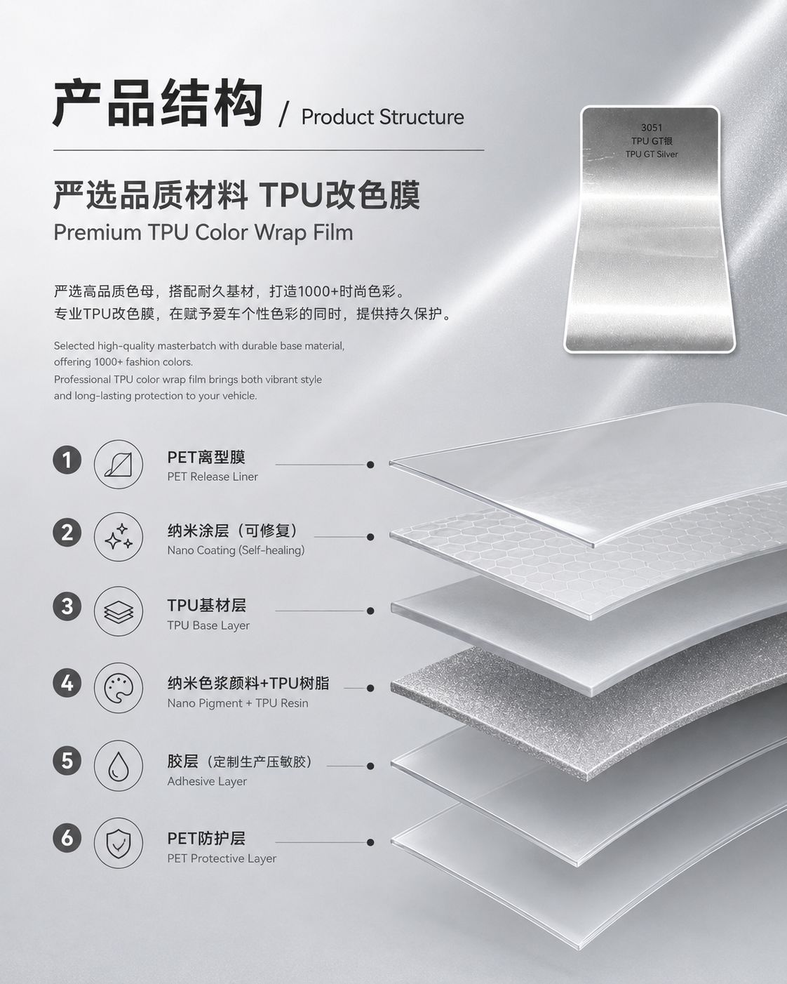 Source Factory Tpu Colored Car Wrap Gt Silver Color Change Film Car Color Change Film Pet Car Body Wrap Film Wholesale in Stock
