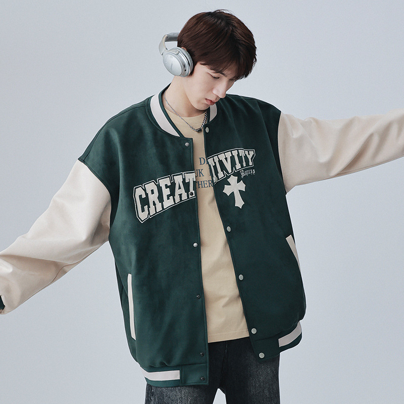 American retro letras bordadas chaqueta de béisbol de pelusa de moda hombre chaqueta de pareja suelta 23002