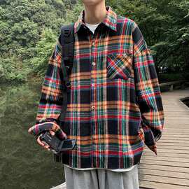 秋款慵懒风宽松格子衬衫外套男设计感小众港味上衣ins潮