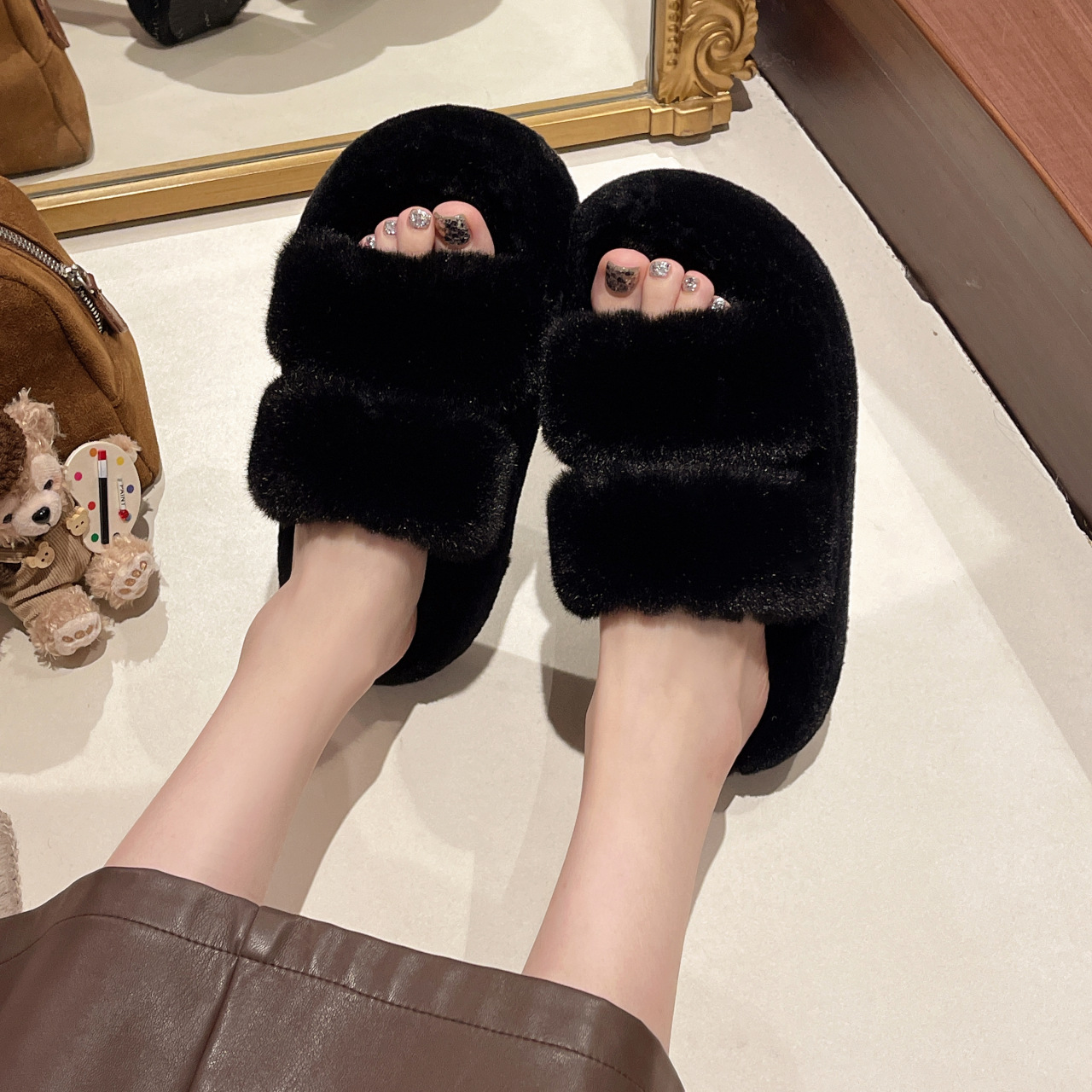 Open Toed Hairy Slippers For Women In Autumn And Winter, New Style For Outdoor Wear, Warm And Thick Soled, Double Straps, Outdoor Cotton Slippers_vogvips.com