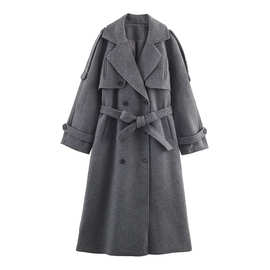 亚马逊批发秋冬季新款女装百搭配腰带袢带双襟大衣外套1255892