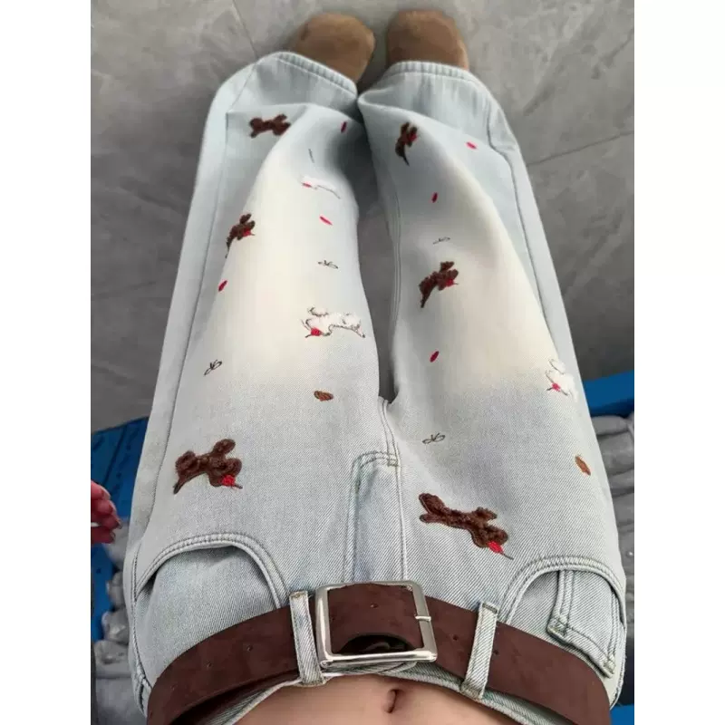 美式浅色小狗刺绣牛仔裤女2026冬季新款设计感宽松直筒阔腿拖地裤