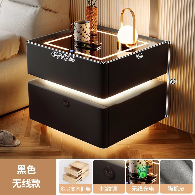 Smart bedside desk negro todo madera maciza dormitorio doméstico 2025 nuevo lujo ligero de alta calidad huellas dactilares cerradura cabecera de almacenamiento
