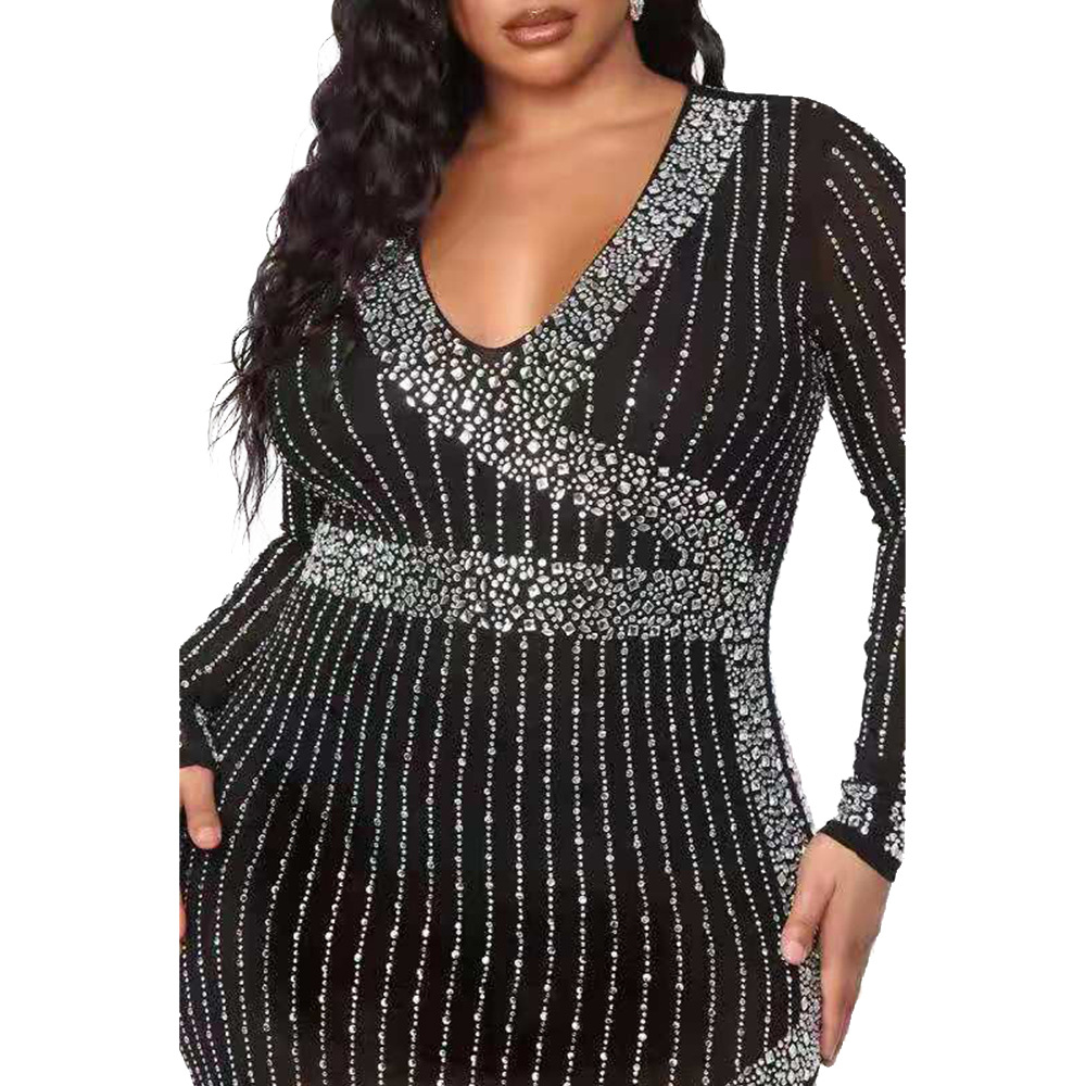 Rhinestone V-Neck Irregular High Slit Plus Size Dress NSCYF80212