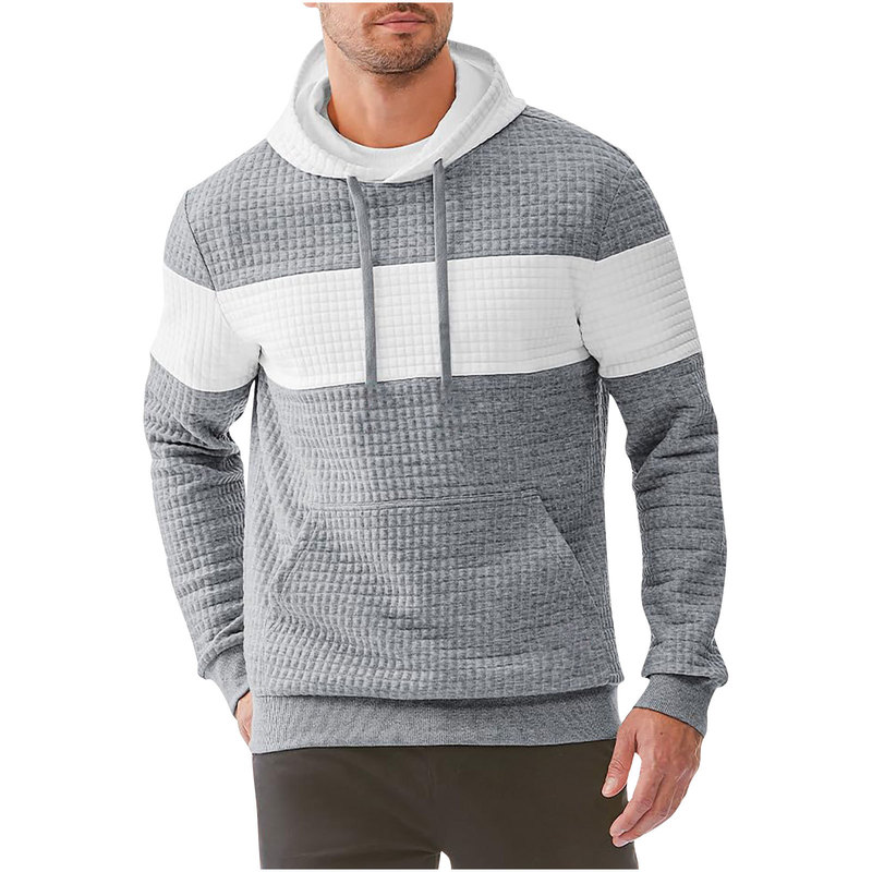 Men's Hooded Sweatshirt Lightweight Waffle Casual Long Sleeve Drawstring Colorblock Knitted Pullover with Kangaroo Pocket