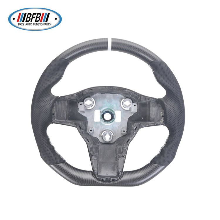 100% Real Carbon Fiber Matte Steering Wheel with Black Perforated Leather and White Stitching and White Logo - For Tesla Model Y - Modification