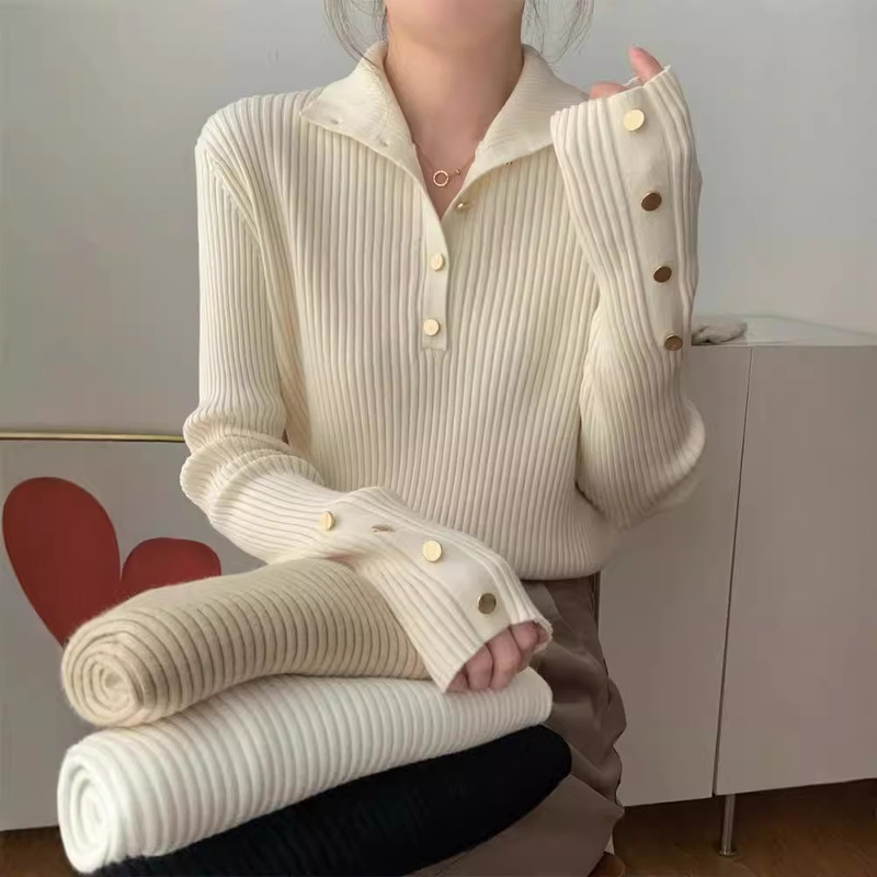 Autumn and Winter Slim Pit Striped High Neck Elegant Button Inner Knitted Sweater Women's Design Sense Chic Slim Look Foreign Style Sweater Autumn and Winter Slim Pit Striped High Neck Elegant Button Inner Knitted Sweater Women's Design Sense Chic Slim Look Foreign Style Sweater