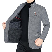 2024秋冬新款夹棉中年男士休闲羊毛呢夹克衫立领爸爸装上衣服外套