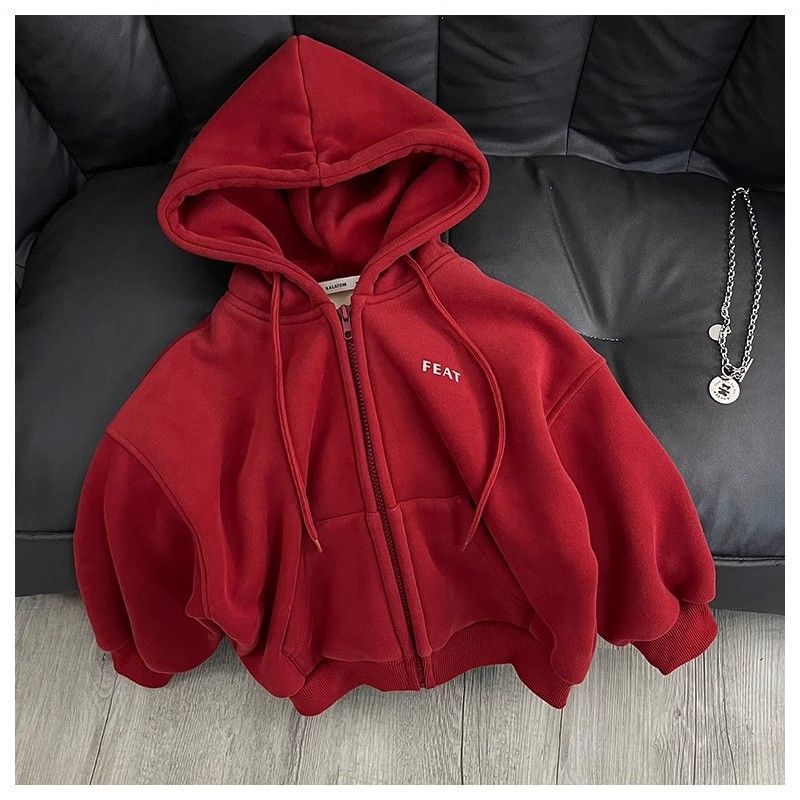 秋冬装加绒厚款字母印花男女儿童装连帽拉链开衫红色卫衣外套宽松
