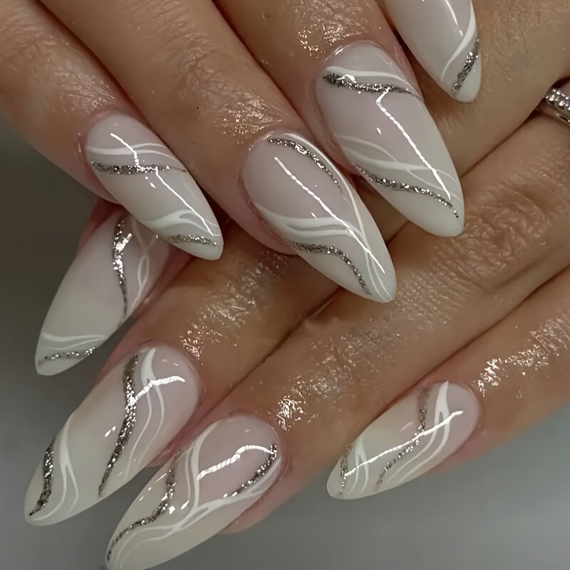 Elegant Almond-shaped Patch Nail Creamy White with Flash Stripes 24 Pieces suit Medium Long European and American Cross-border