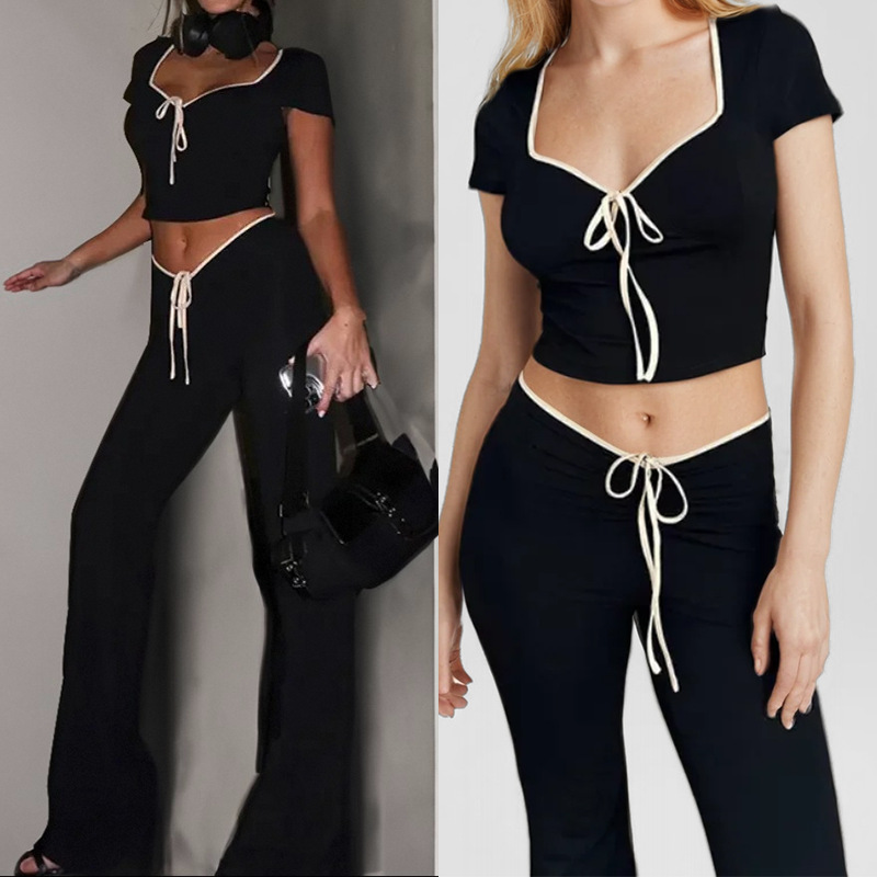 European American Style 2026 Spring New Women's Fashion Short-sleeve Square-neck T-shirt And Slim-fit Low-waist Flared_ecoleips.com