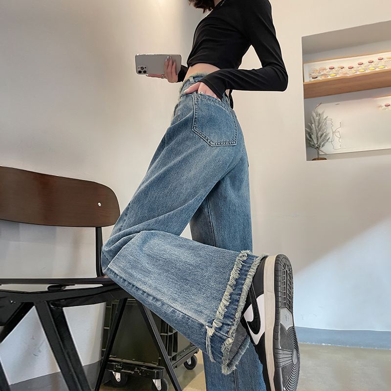 高腰阔腿牛仔裤女小个子宽松显瘦2023年春季新款垂感拖地直筒裤子