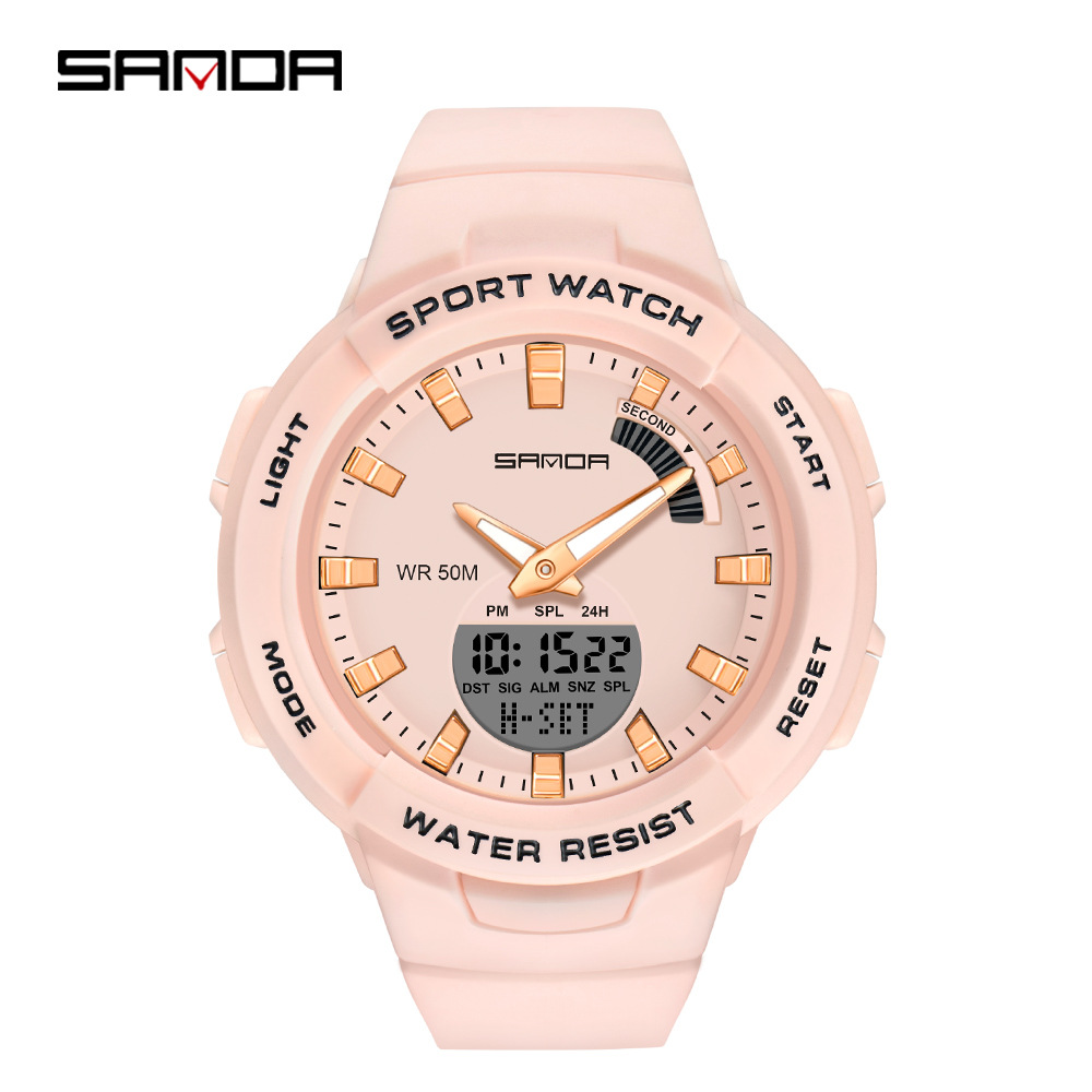 SANDA 6005 nuevo color caramelo deportes doble pantalla estudiantes masculinos y femeninos personalidad reloj calendario semanal luminoso