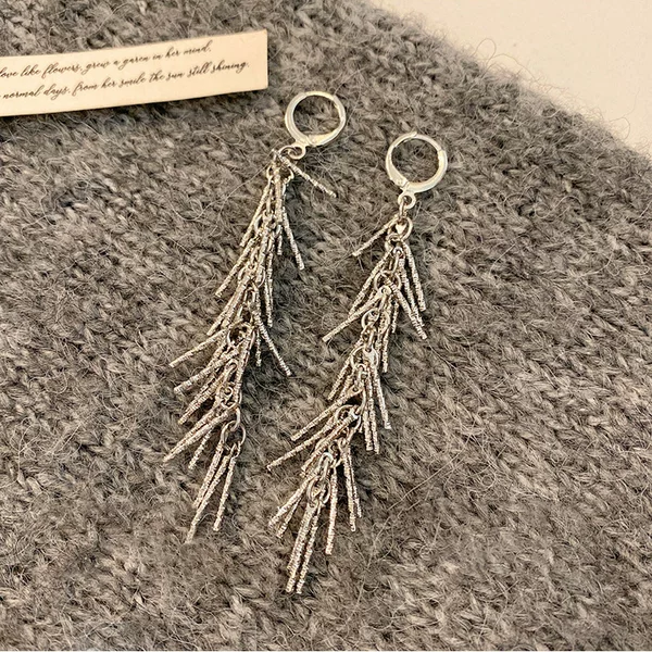 Silver Tassel Long Earrings for Women, Exaggerated Personality, Minimalist Style, Elegant Light Luxury Trendy New Earrings
