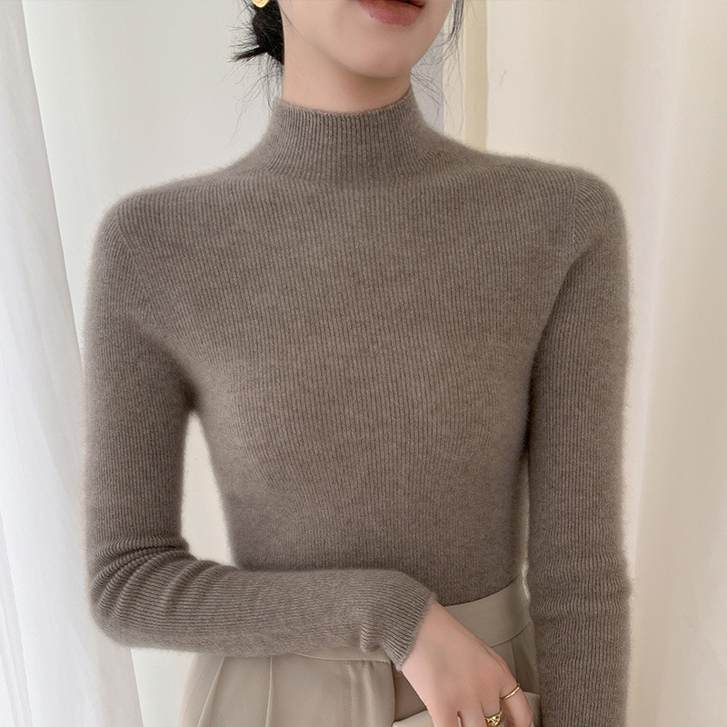 Autumn and Winter Seamless One-piece Wool Sweater Women's Inner Sweater Slim-fit Slimming Elegant Half-height Solid Color Wool Base Sweater Autumn and Winter Seamless One-piece Wool Sweater Women's Inner Sweater Slim-fit Slimming Elegant Half-height Solid Color Wool Base Sweater