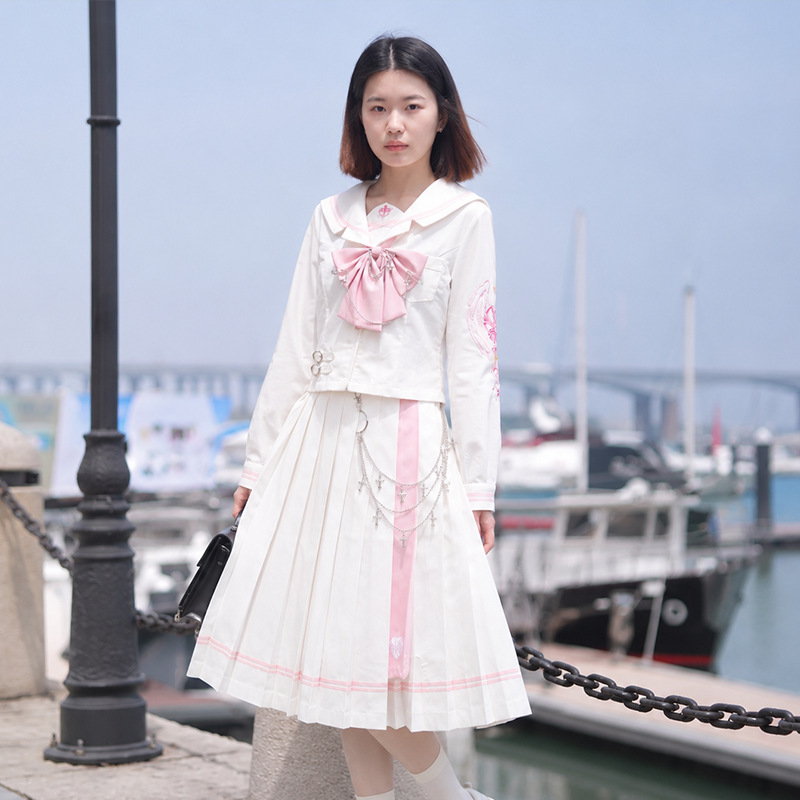 【Angel Wings】Original Authentic Japanese-Style Embroidered Sailor Uniform Set Jk Uniform Pink Sailor Suit Academy Style