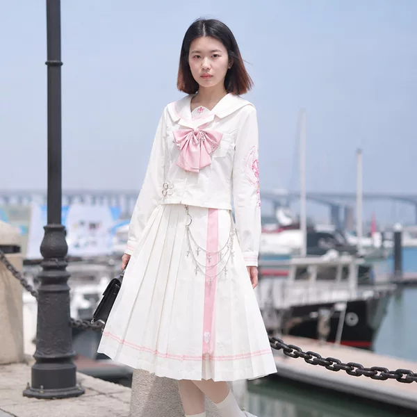 【Angel Wings】Original Authentic Japanese-Style Embroidered Sailor Uniform Set Jk Uniform Pink Sailor Suit Academy Style