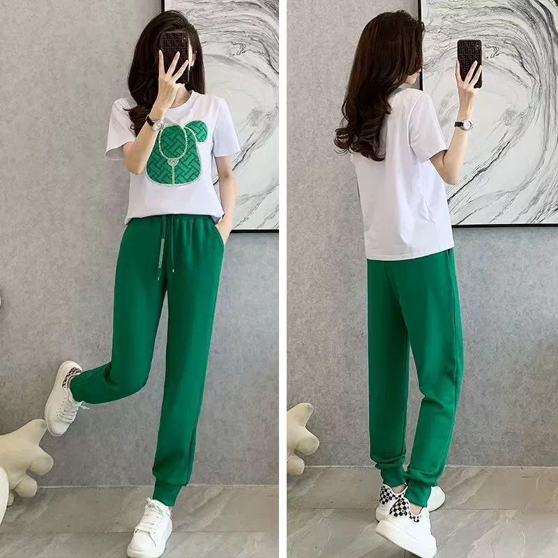 Внешняя торговля Трансграничная 2025 мода спортивный костюм женский летний новый минус возраст дикий рукав повседневные брюки из двух частей