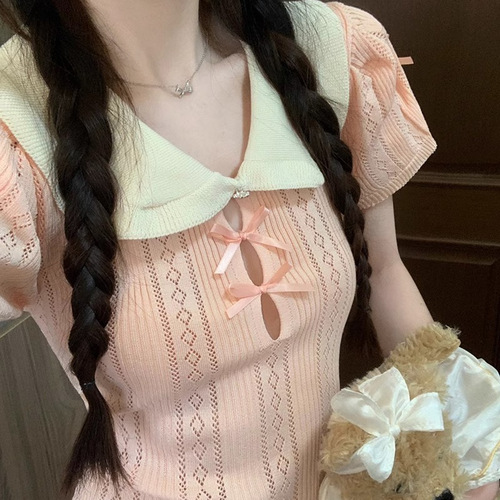 Summer New Women's Fashion French-Style Doll-Collar Knitted Short-Sleeved T-Shirt, Short Style, with Bowknot and Hollowed-Out Design, Sweet Top for Instagram