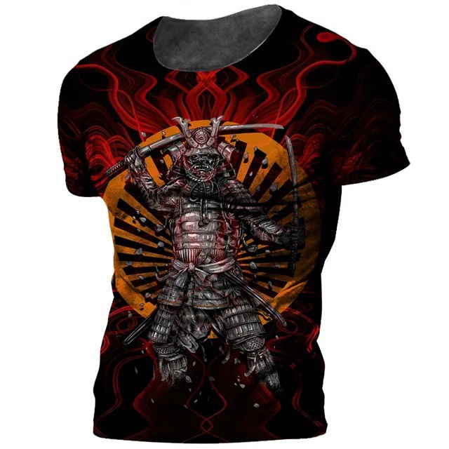 Tinta Jianghu Swordsman 3D Impresión digital Moda de la calle principal para hombres Camiseta de cuello redondo de manga corta transpirable de malla suelta