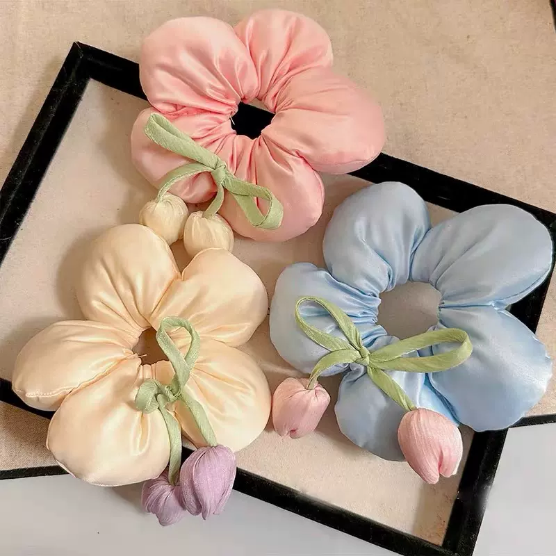 新品感立体花朵发圈女高级感春季新款发绳郁金香发饰充棉丸子发绳