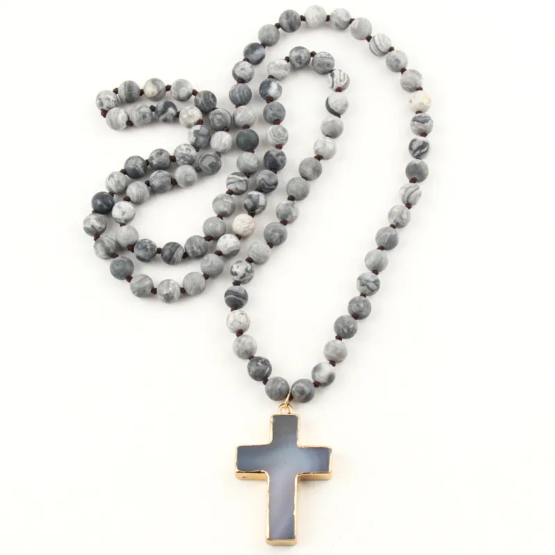 85g Weight Long Necklace Classification Natural Stone Chain Material Beaded Chain Chain Type 1 Piece Quantity Family Gathering, Date, Tea Party Occasion natural stone Material Cross Pattern Unisex Gender Bohemian Style Bohemian Cross Natural Stone Beaded Chain Long Necklace In Bulk 2